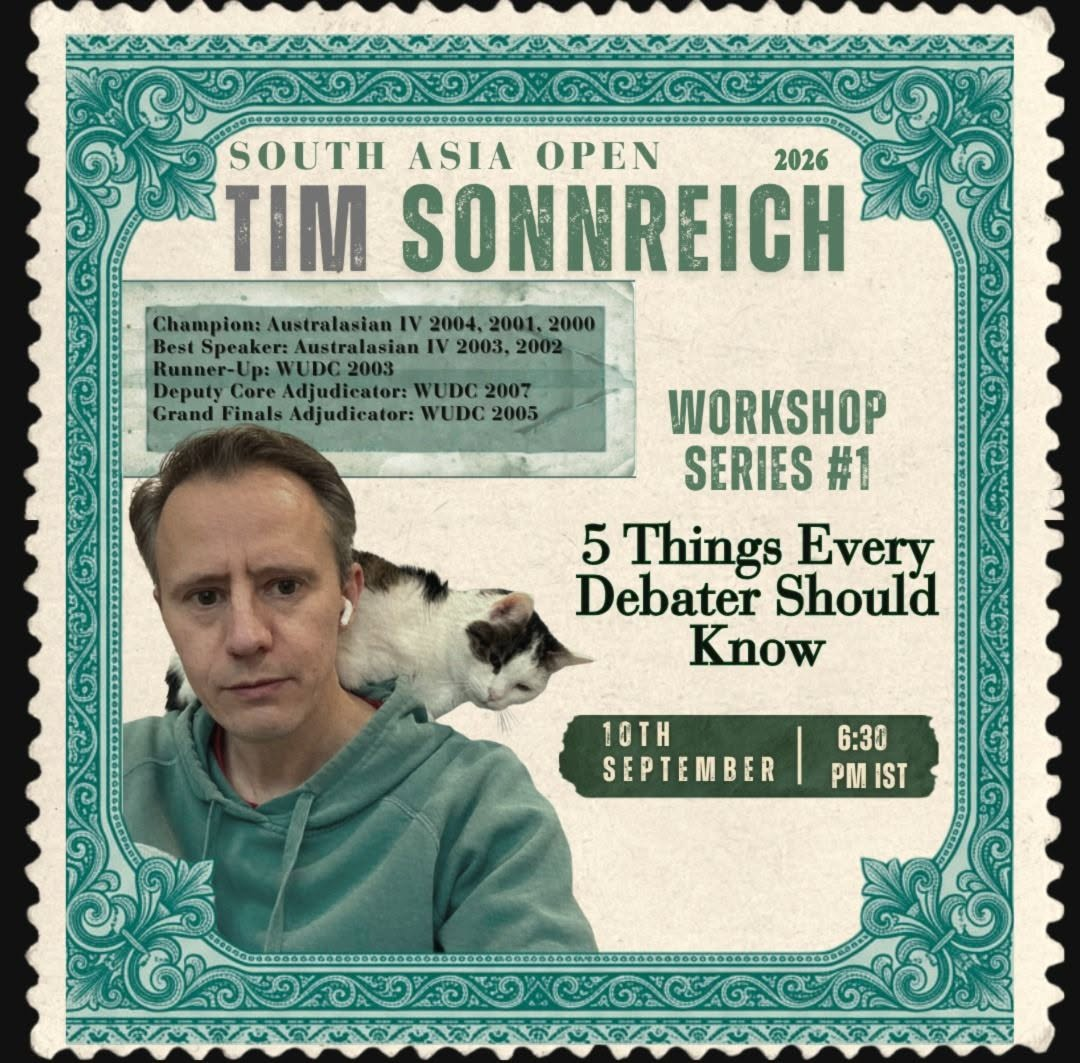 Workshop poster for 5 Things Every Debater Should Know with Tim Sonnreich
